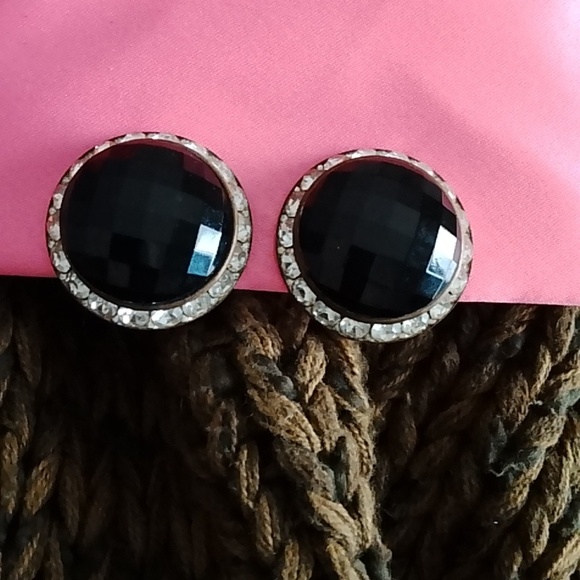 Vintage Jet Black Crystal Stud Earrings Clip - Picture 3 of 7